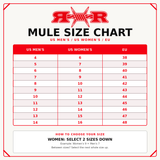 REDRUM mule size chart with US men's, US women's, and EU size conversions