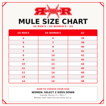 REDRUM mule size chart with US men's, US women's, and EU size conversions